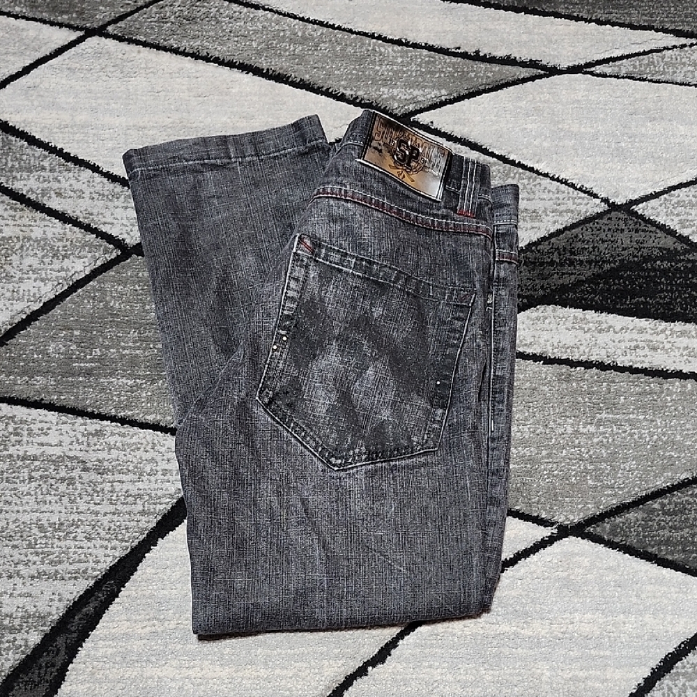 VINTAGE SOUTHPOLE BLACK DIAMOND WASH STUDDED STRAIGHT LEG DENIM JEAN